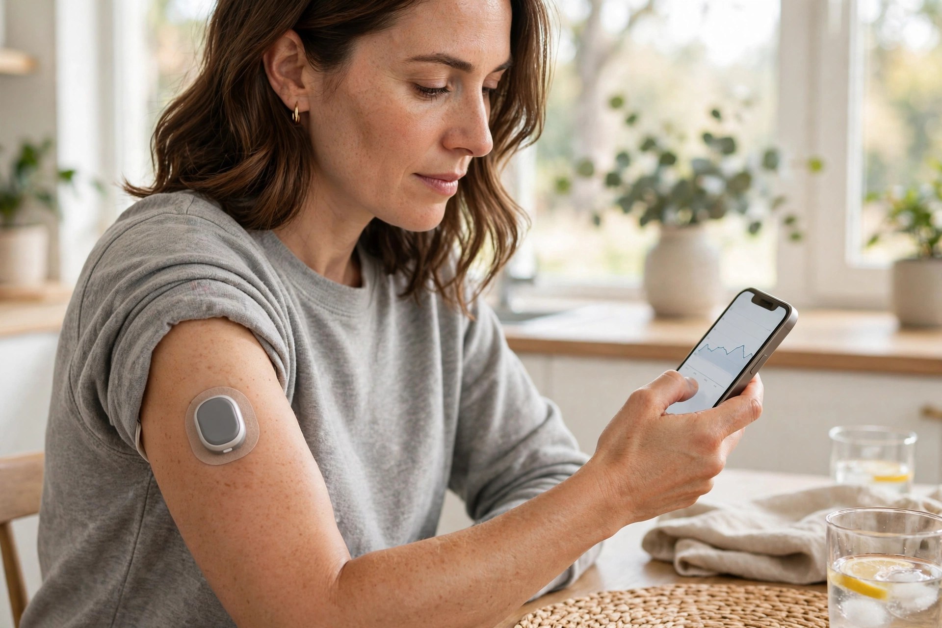 Glucose Monitors Help Type 2 Diabetes Patients, Major Trial Finds Person with type 2 diabetes wearing a continuous glucose monitor and checking readings on a smartphone
