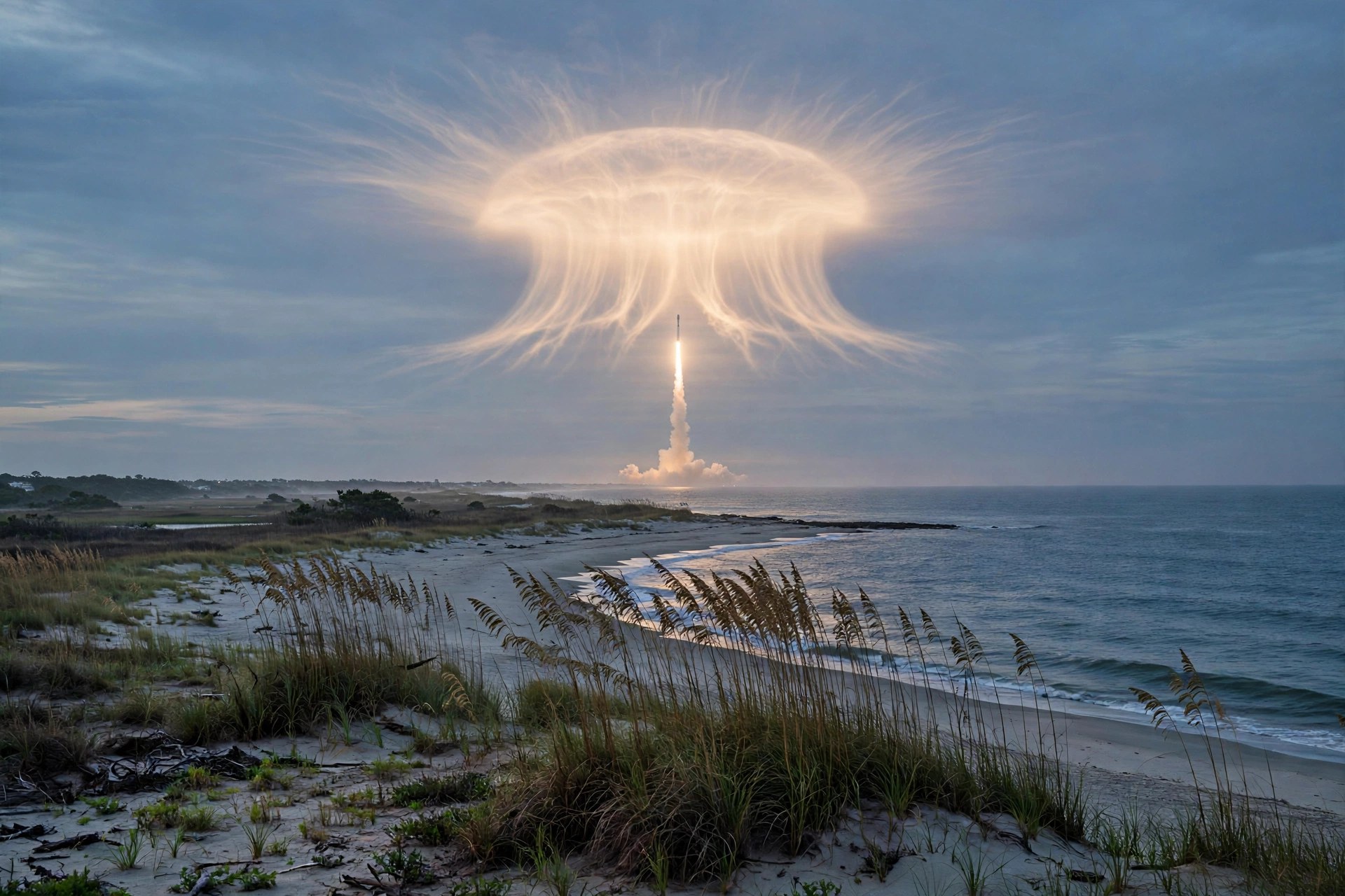SpaceX Launch Paints a Glowing Jellyfish Cloud Over the US East Coast SpaceX rocket launch creating a glowing jellyfish-shaped cloud over the US East Coast at dawn